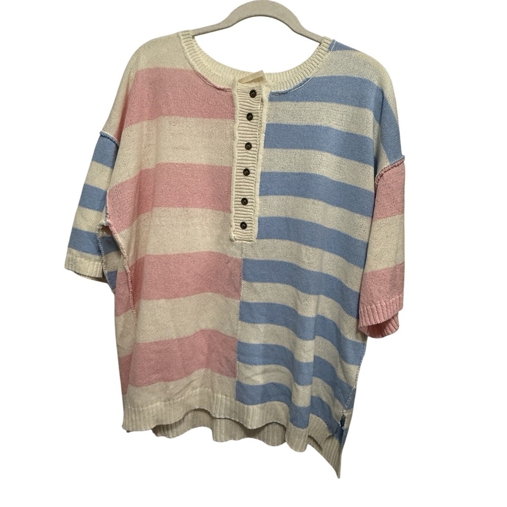 Fantastic Fawn Pastel Striped Henley Sweater Womens M Retro 80s Preppy Knit EUC